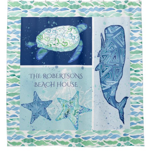 Bed n Breakfast Beach Ocean Whale Starfish Turf Douchegordijn (Voorkant)