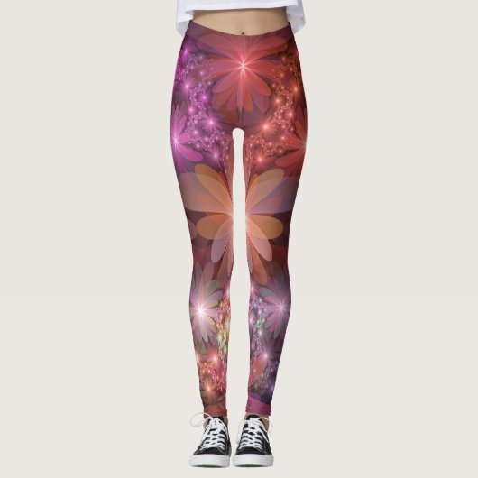 Bed van bloemen kleurrijke, dunne Abstracte fracta Leggings (Voorkant)