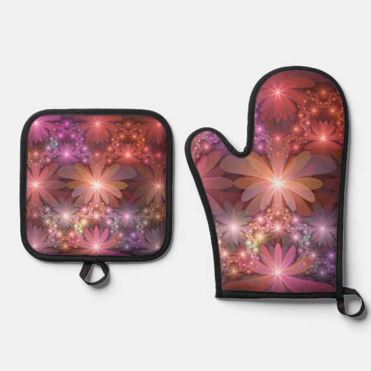 Bed van bloemen kleurrijke, dunne Abstracte fracta Ovenwant & Pannenlap Set (Voorkant)