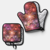 Bed van bloemen kleurrijke, dunne Abstracte fracta Ovenwant & Pannenlap Set (Voorkant / Achterkant)