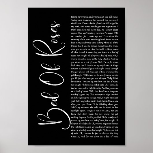 Bed van Rozen zwart Script-lied lyrische druk Poster (Voorkant)