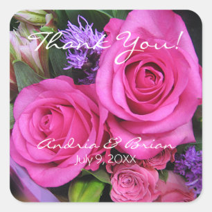 Bedank je huwelijksgasten, Roze Rozen Boeket Vierkante Sticker