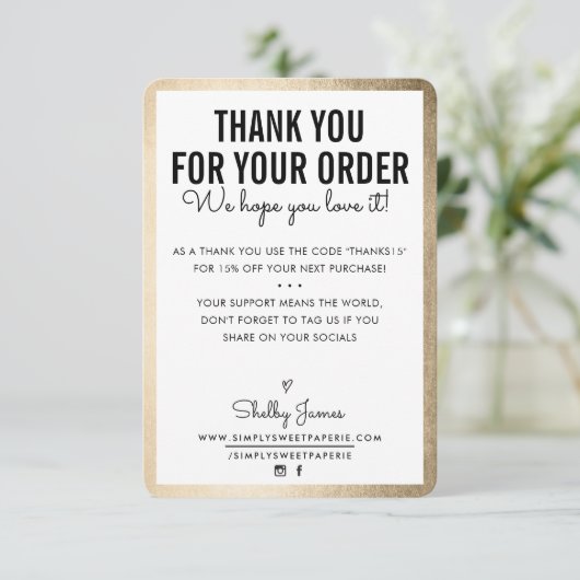 BEDANK U VOOR UW ORDERglazen gouden rand invoegen Bedankkaart (Staand voorkant)