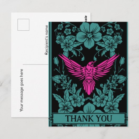 Bedankkaart. Exotische roze vogel, donkerblauw Briefkaart (Voorkant / Achterkant)