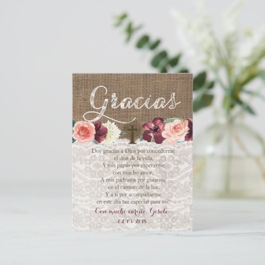 Bedankkaart met gebed in het Spaans voor de Doop Uitnodiging Briefkaart (Staand voorkant)