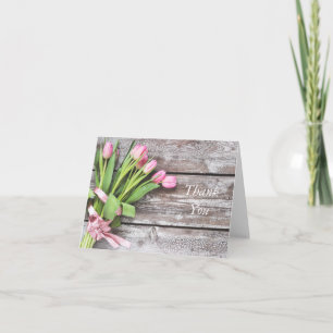Bedankkaart--Roze Tulpen & Hout Bedankkaart