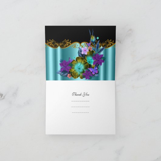 Bedankkaart Teal Blauw Zwart Goud Paars Bloem (Binnen)