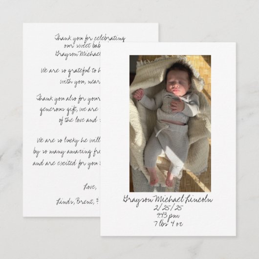 BEDANKKAART VOOR BABY CADEAU (Voorkant / Achterkant)