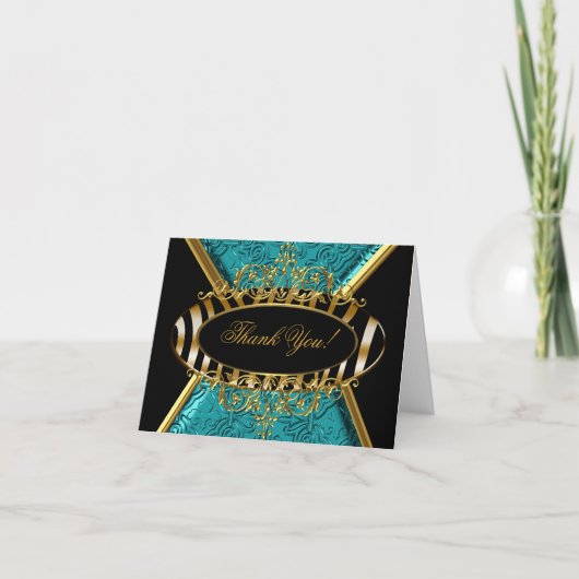 Bedankkaart Zebra Teal Zwart Goud Damast (Voorkant)