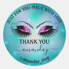 Bedanknaam Boutique Eyelash Shop Blauwgroen Roze O Ronde Sticker
