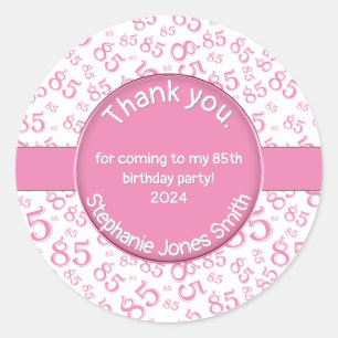 Bedankt: 85e verjaardag Roze/Wit Getal Patroon Ronde Sticker