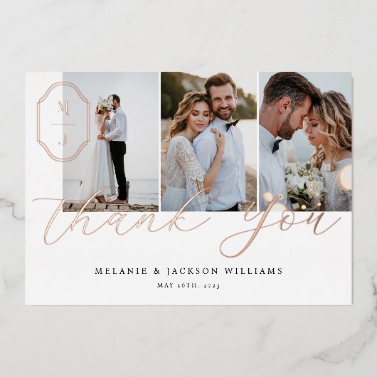 Bedankt Aangepaste monogram voor script 3 Foto Folie Uitnodiging (Voorkant)