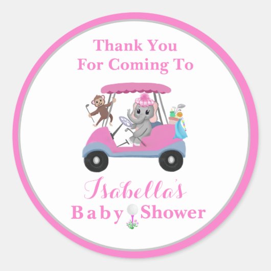 Bedankt Baby Girl Golfen Olifant & Aap Ronde Sticker (Voorkant)
