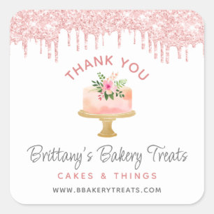 Bedankt Bakkerij Cake Blush Roze Glitter Druppels Vierkante Sticker