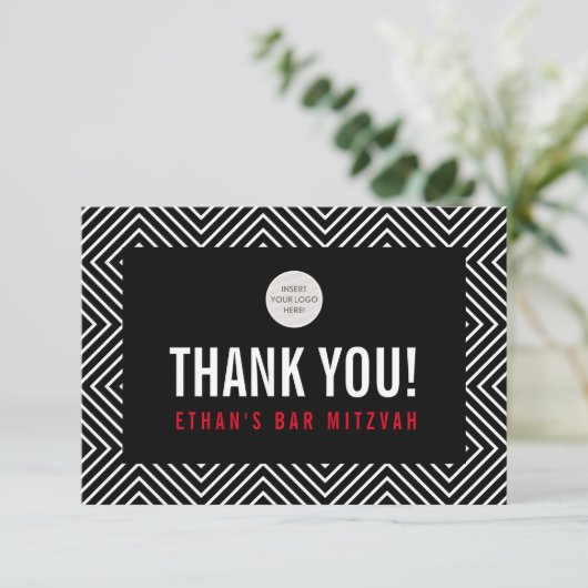BEDANKT BAR MITZVAH modern geometrisch zwart rood (Staand voorkant)