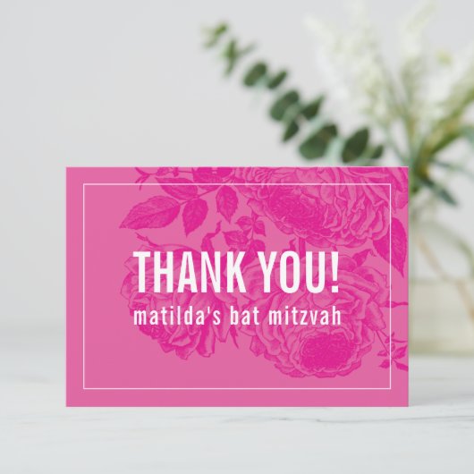 BEDANKT BAT MITZVAH moderne elegante bloemenroze (Staand voorkant)