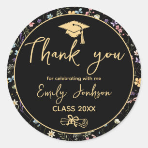 Bedankt Black Floral Graduation Party Ronde Sticker