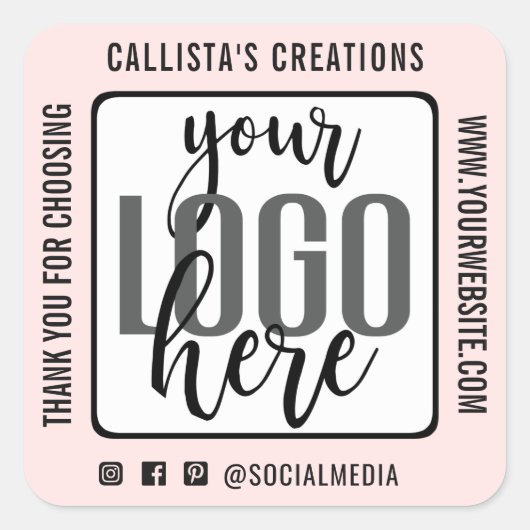 Bedankt Blush Pink Black Border Business Logo Vierkante Sticker (Voorkant)