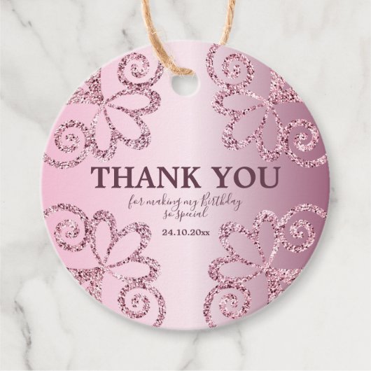 Bedankt Blush Pink Glitter Verjaardag Bedankjes Labels (Voorkant)