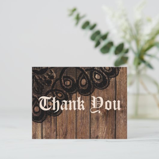 Bedankt Brown Wood en Black Faux Lace Briefkaart (Staand voorkant)