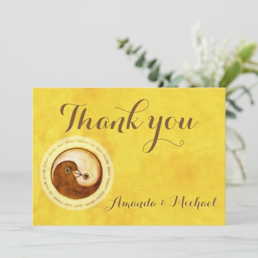 BEDANKT BRUILOFT KAART Gold YinYang duiven Harmony (Staand voorkant)