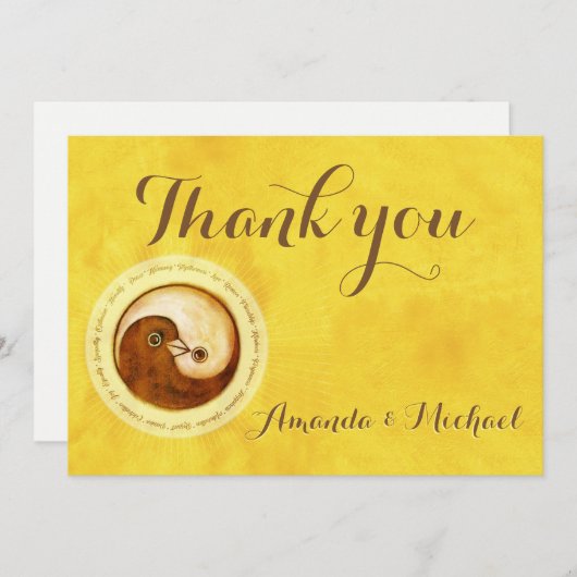 BEDANKT BRUILOFT KAART Gold YinYang duiven Harmony (Voorkant / Achterkant)