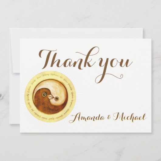 BEDANKT BRUILOFT KAART Gold YinYang duiven Harmony (Voorkant)