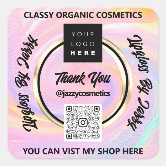 Bedankt Business QR Code Logo Holographic Gold Vierkante Sticker (Voorkant)