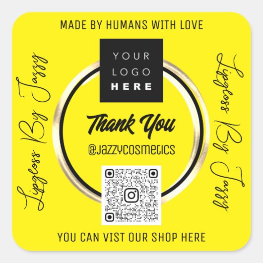 Bedankt Business QR Code Logo Scan me Geel Vierkante Sticker (Voorkant)