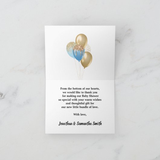 Bedankt Card Gold Glitter Blue Balloons Baby Boy