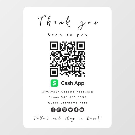 Bedankt Cash App QR Code Scan om wit te betalen Raamsticker (Vel)