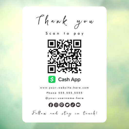Bedankt Cash App QR Code Scan om wit te betalen Raamsticker (Vel 3)