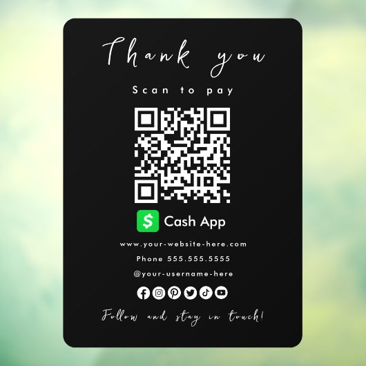 Bedankt Cash App QR Code Scan om zwart te betalen Raamsticker (Vel 3)