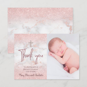 Bedankt Doop Faux Pink glitter op marmer Kaart