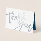 Bedankt Elegante Kalligrafie Trouwblauw Zilver Folie Kaarten (Voorkant)