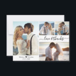Bedankt en liefhebbers Manuscript 4 Foto Collage W<br><div class="desc">Elegante, minimalistische handgeschreven script 4 fotocollage bedankje. Stijlvolle Bruiloft dank u kaart sjabloon met vier foto op de voorkant en een foto op de achterkant. Met de tekst "Liefde en bedankt" in een wervelende hand geletterde typografie script lettertype met swash of in zwart op witte achtergrond. Weinig liefdeshart tussen de...</div>