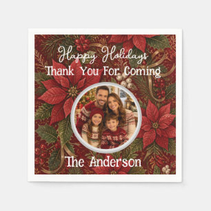 Bedankt Familie  Foto Bloemrijk Dieprood Kerstmis Servet