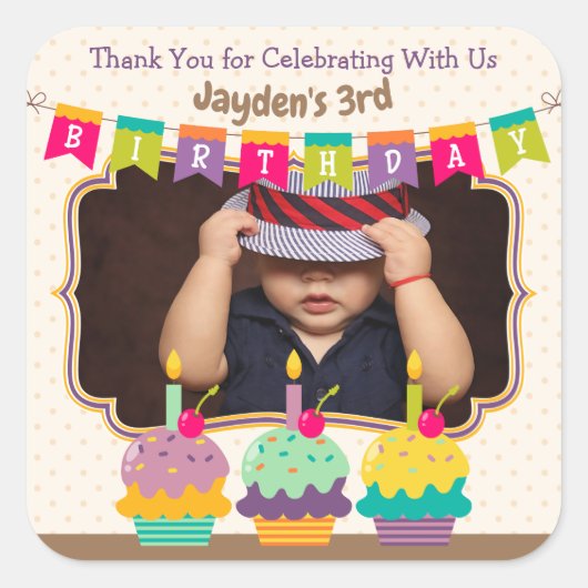 Bedankt Favor Happy Birthday Cupcakes Bunting Foto Vierkante Sticker (Voorkant)