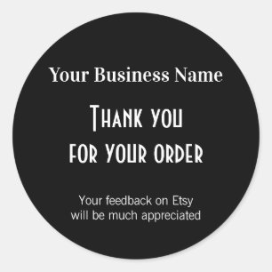 Bedankt. Geef feedback op de zwarte verpakking Ronde Sticker