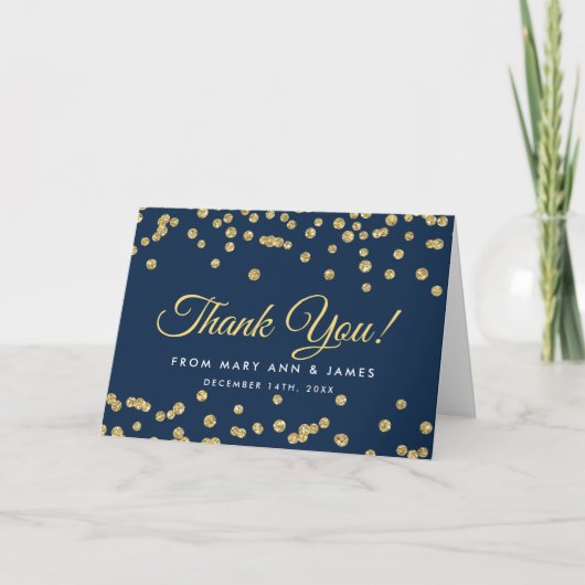 "Bedankt" Gold Faux Glitter Confetti Navy Blue Bedankkaart (Voorkant)