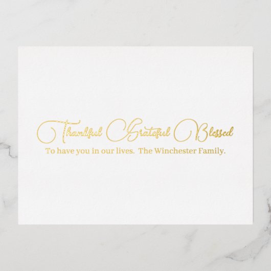 Bedankt Grateful Blessed Gold script Thanksgiving Folie Feestdagen Briefkaart (Voorkant)