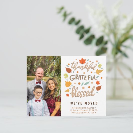 Bedankt Grateful Blessed Moving Announance Feestdagenkaart (Staand voorkant)