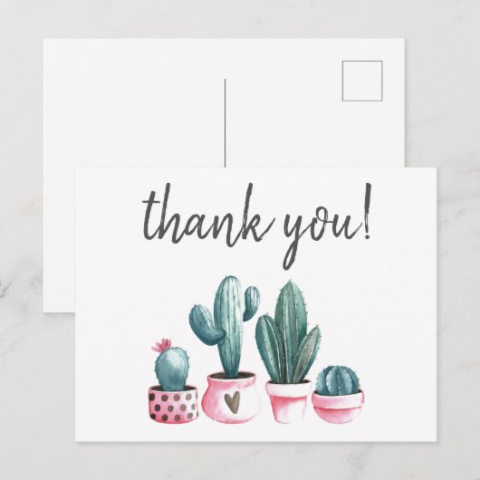 Bedankt hipster cactus roze waterverf print briefkaart (Voorkant / Achterkant)