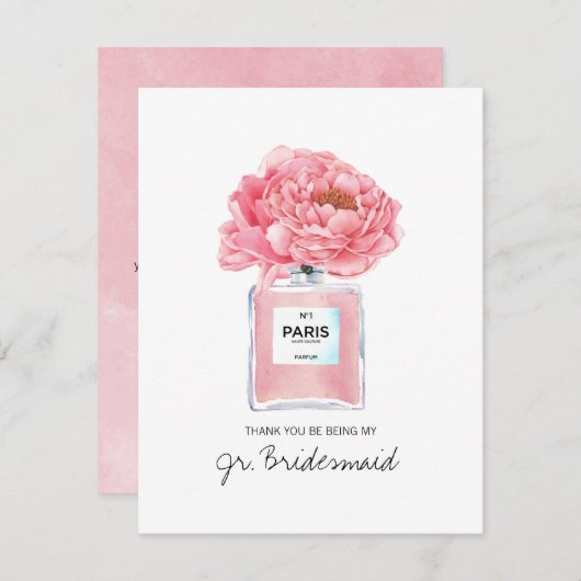 Bedankt Jr. Bridesmaid Pink Peonies Perfume Kaart (Voorkant / Achterkant)