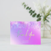 Bedankt kaarten holografische paarse glitter drupp (Staand voorkant)