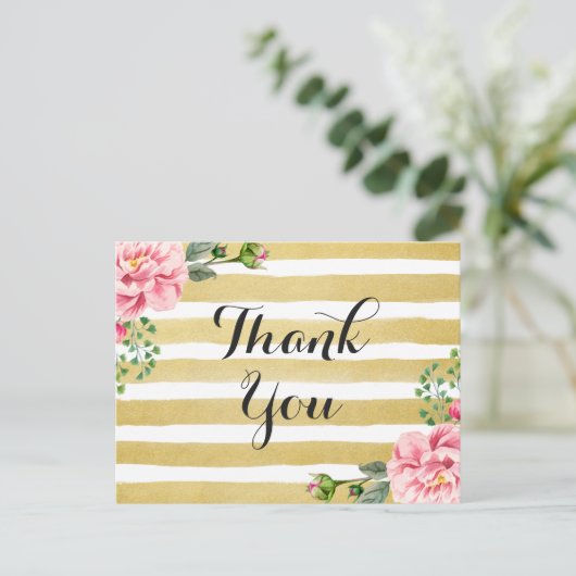 Bedankt kalligrafie script Floral Gold Stripes Briefkaart (Staand voorkant)
