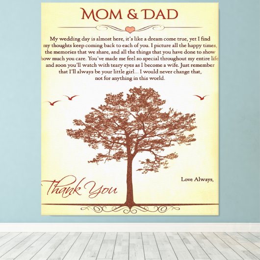 Bedankt mam en pap Gift, moeder/Vaderdag cadeau Canvas Afdruk (Insitu (Houten vloer))