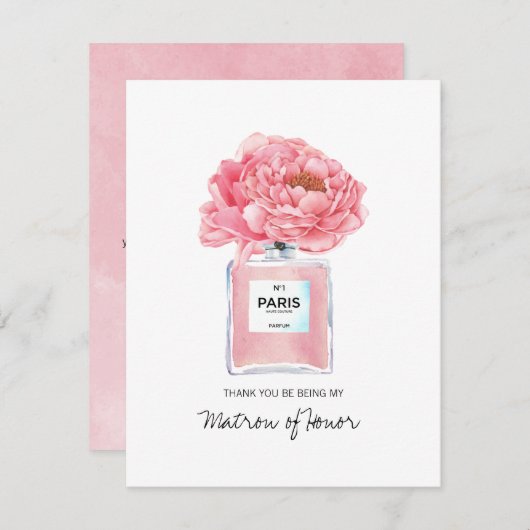 Bedankt Matron van Honor Pink Peony Perfume Kaart (Voorkant / Achterkant)