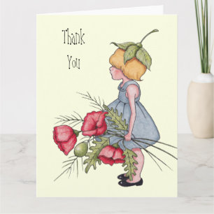 Bedankt, meisje met poppy bloemen, kunst bedankkaart