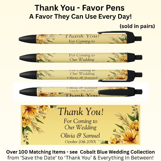 Bedankt met gouden gele bloemen zwarte inkt pen